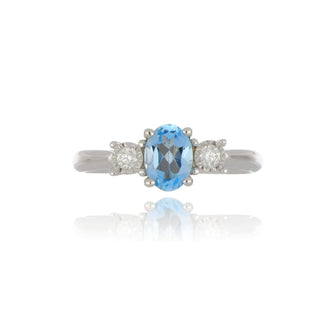 9ct White Gold Blue Topaz And Diamond 3 Stone Ring