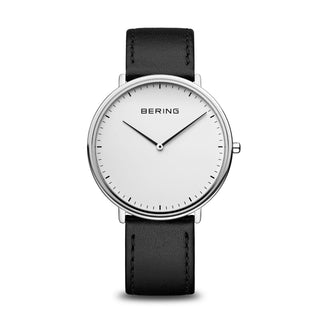 Bering 39mm Classic Ultra Slim White Quartz Watch with a Black Leather Strap