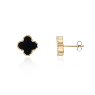 9ct Yellow Gold Onyx Clover Stud Earrings