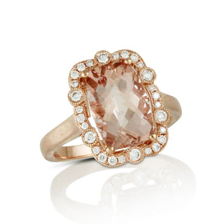 18ct Rose Gold Cushion Cut Morganite And Diamond Cluster Ring