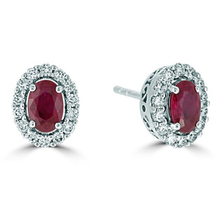 18ct White Gold Ruby Stud Earrings With A Diamond Halo