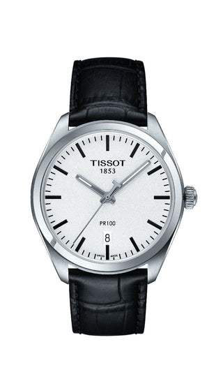 Tissot Pr100 Stainless Steel Quartz Watch With A Black Leather Strap