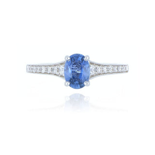 18ct White Gold 1.06ct Oval Cut Sapphire Ring With Stone Set Shoulders