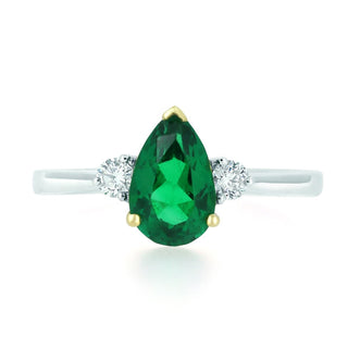 18ct White Gold Pear Cut Emerald And Diamond 3 Stone Ring