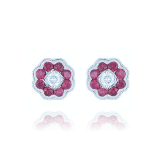 18ct White Gold 0.13ct Diamond And 0.55ct Ruby Cluster Stud Earrings