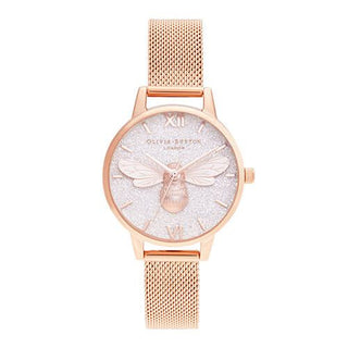 Olivia Burton Rose Gold Plated Glitter Dial Lucky Bee Mesh Watch