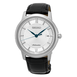 Seiko Presage Gents Silver Automatic Watch With A Black Leather Strap